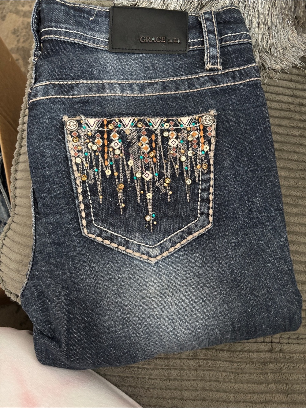 Grace in LA Dark Blue Denim Jeans with Beaded Embellished Back Pocket